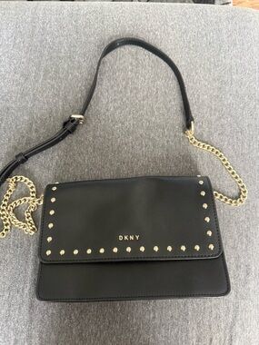DKNY Black Leather Crossbody with Gold Studs and Chain